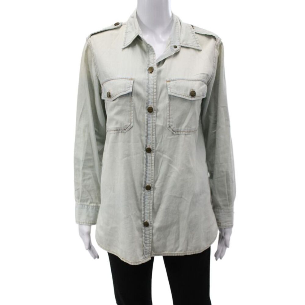 Current/Elliott Womens Basic Cotton Collared Blue Button Up Long Sleeve Size 2